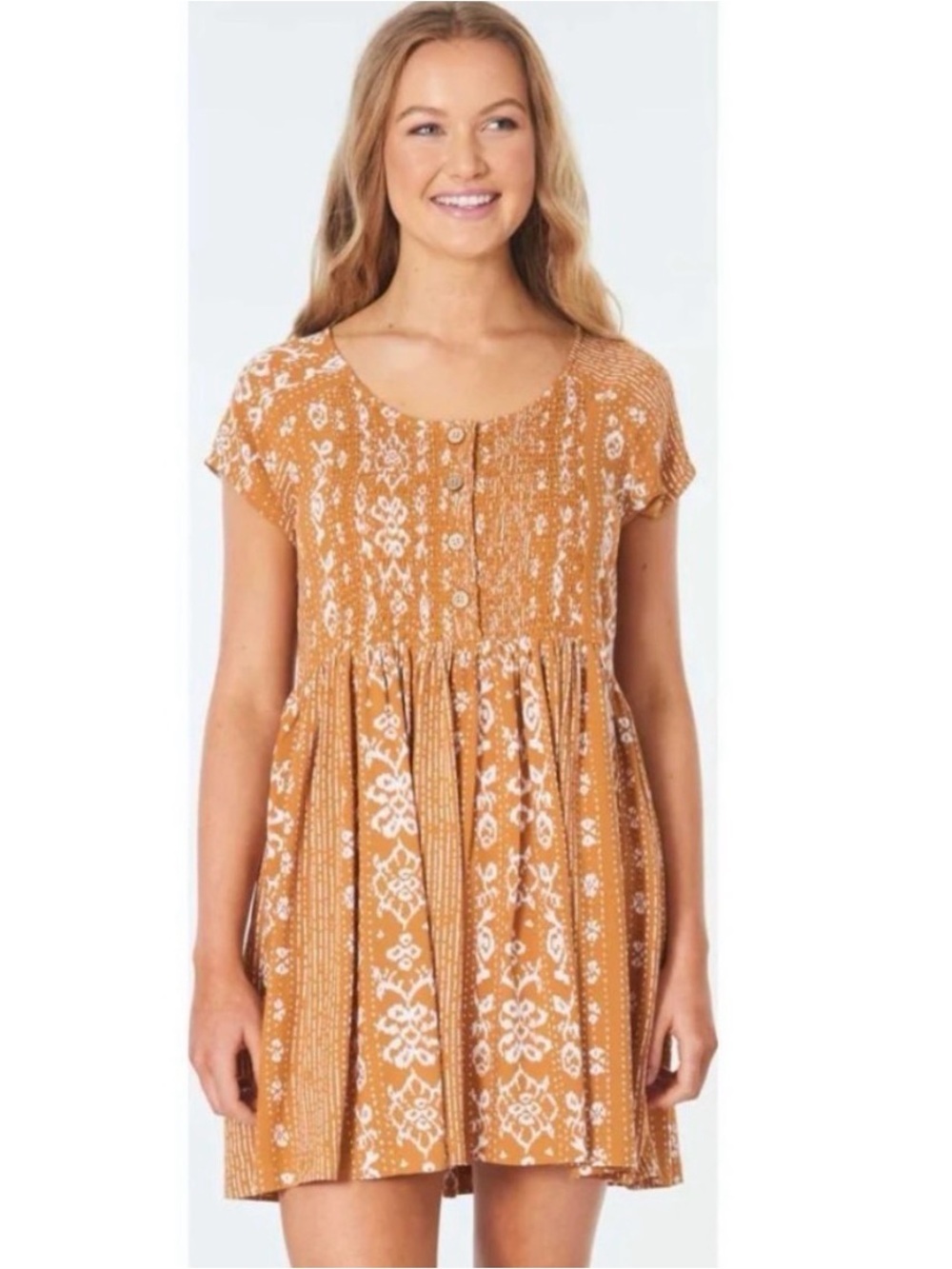 Rip Curl Surf Shack Mini Dress Mustard Yellow Boho Smocked Babydoll Casual SM